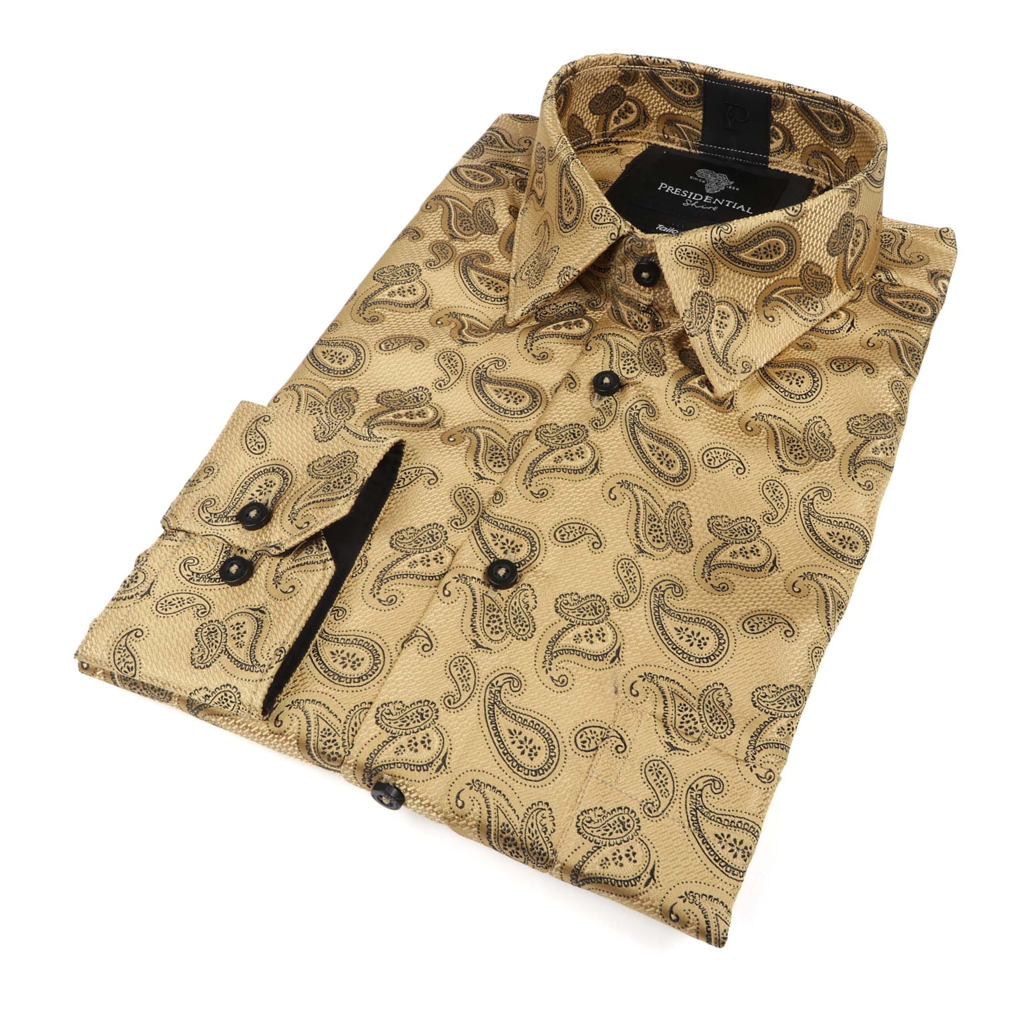 Textured Paisley – Gold Men’s Jacquard Satin Luxury Formal Shirt ...